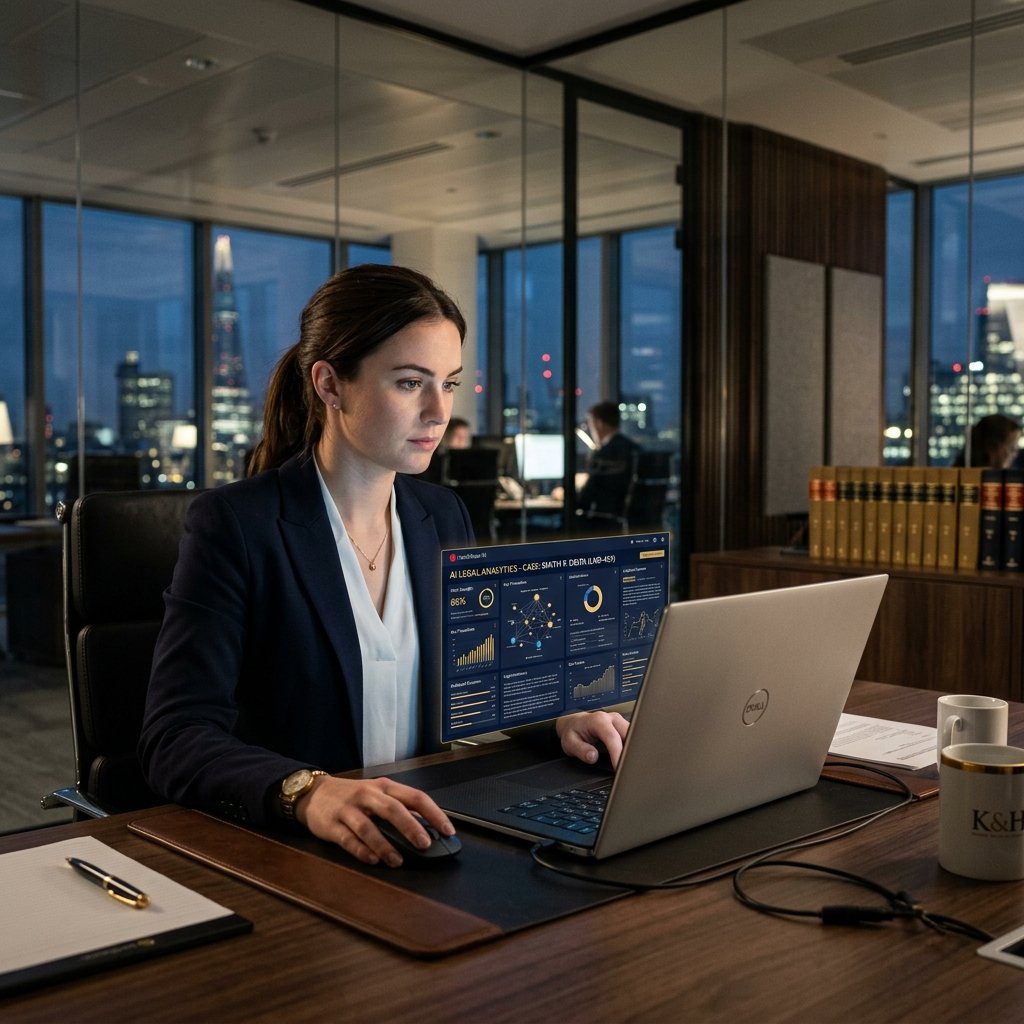 A hyper-realistic cinematic shot of a junior associate using an AI legal dashboard on a sleek laptop in a modern law firm, highlighting the technological demands of a 2026 legal career.